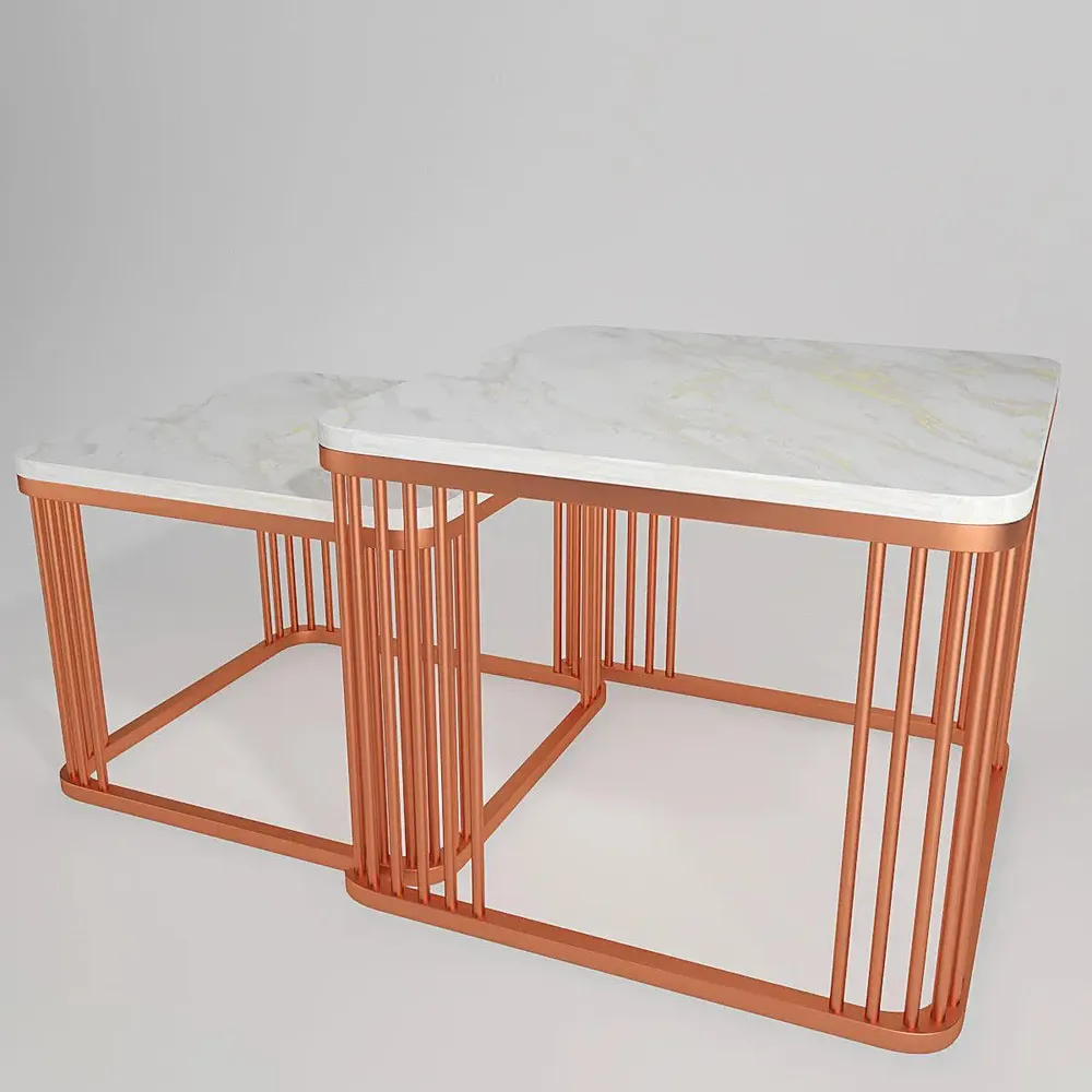 Marble only Square Tethered Copper Nesting Table (Set of 2) Large marble
