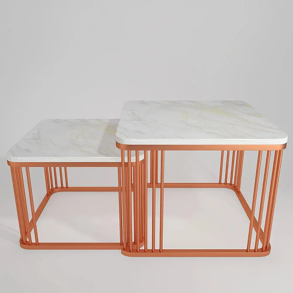 Marble only Square Tethered Copper Nesting Table (Set of 2) Large marble
