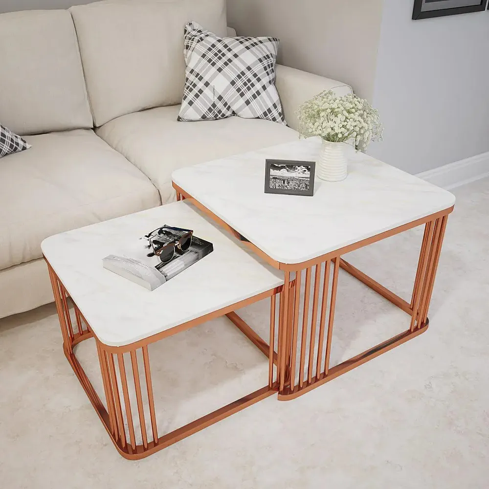 Marble only Square Tethered Copper Nesting Table (Set of 2) Large marble