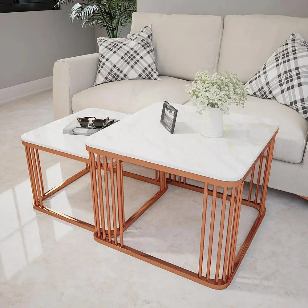Marble only Square Tethered Copper Nesting Table (Set of 2) Large marble