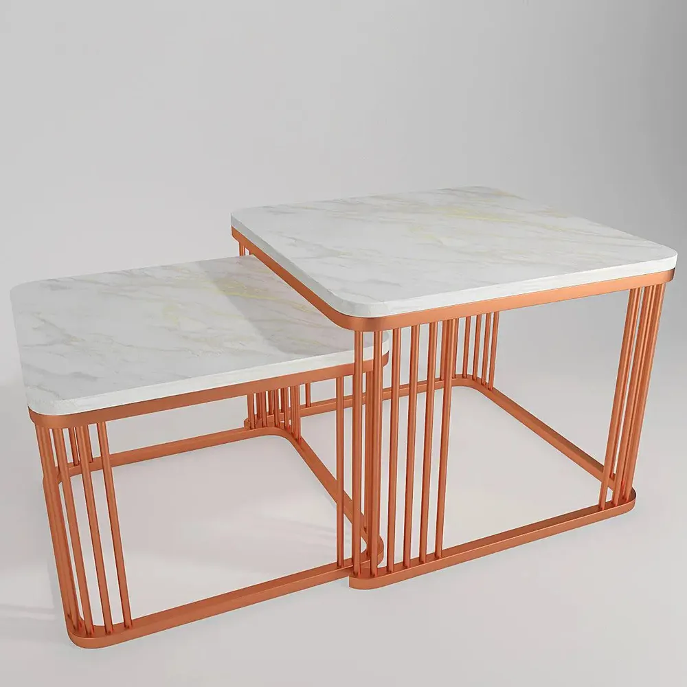 Marble only Square Tethered Copper Nesting Table (Set of 2) Large marble