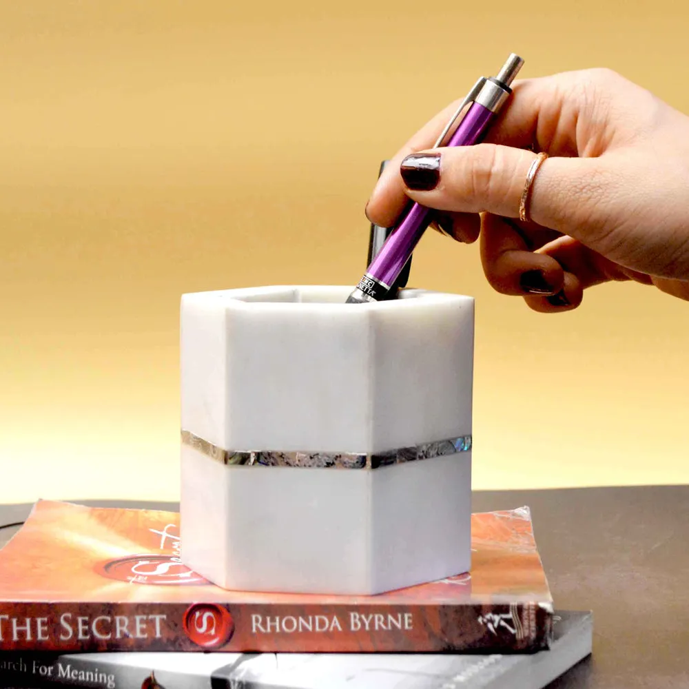 Marble & Semi Precious Stone Hexagonal White Pen Stand