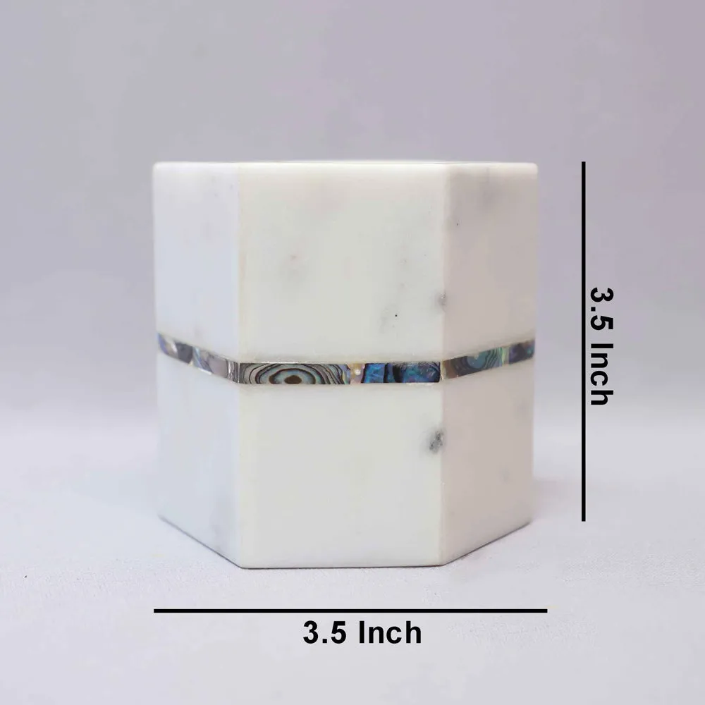 Marble & Semi Precious Stone Hexagonal White Pen Stand