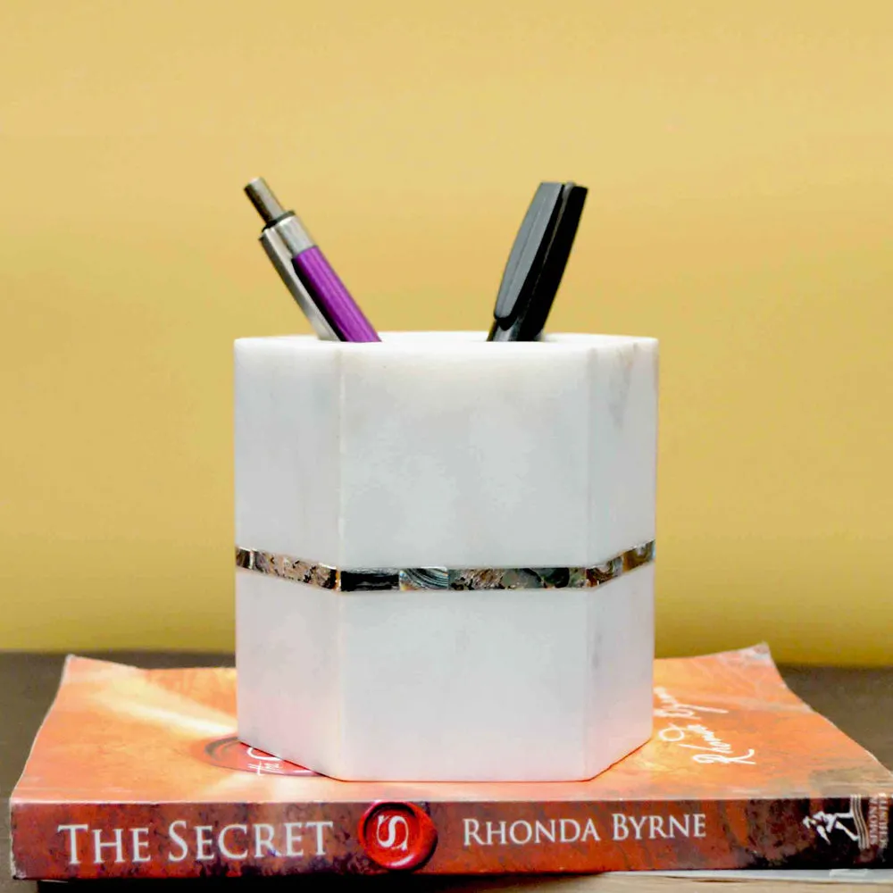Marble & Semi Precious Stone Hexagonal White Pen Stand
