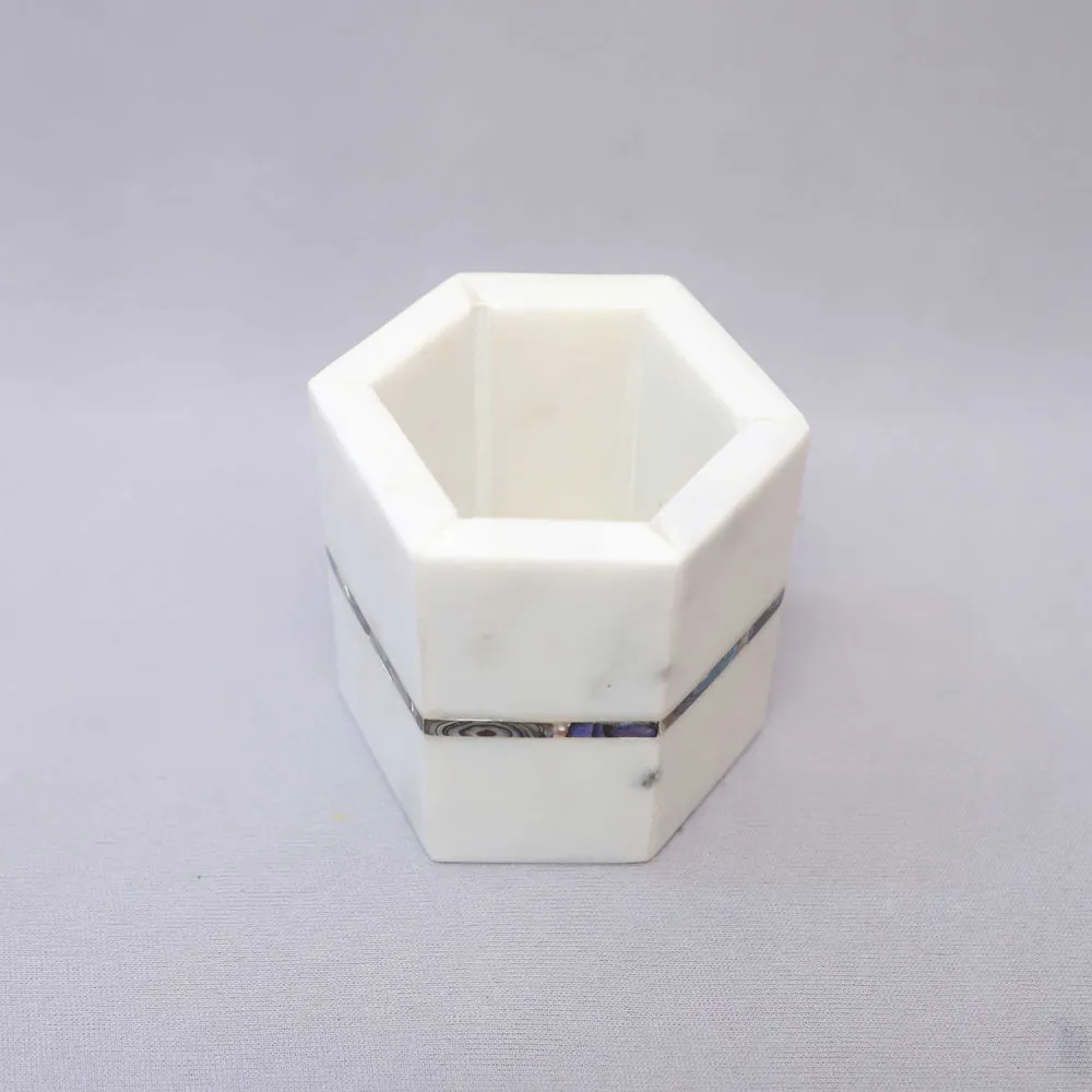 Marble & Semi Precious Stone Hexagonal White Pen Stand