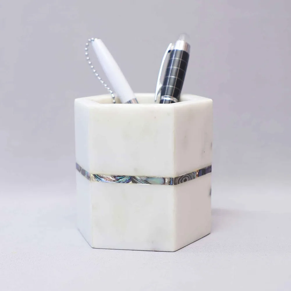 Marble & Semi Precious Stone Hexagonal White Pen Stand