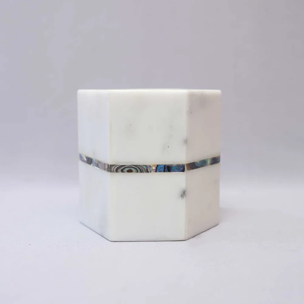 Marble & Semi Precious Stone Hexagonal White Pen Stand