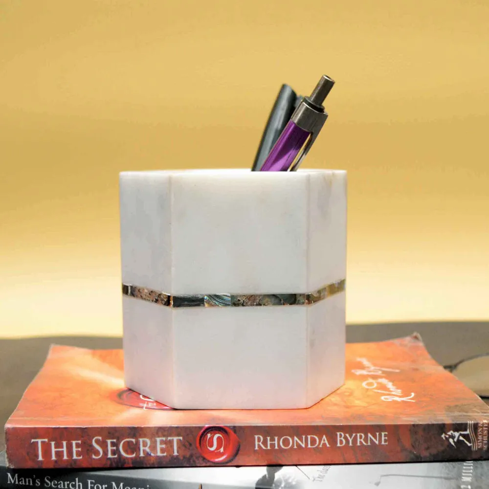 Marble & Semi Precious Stone Hexagonal White Pen Stand