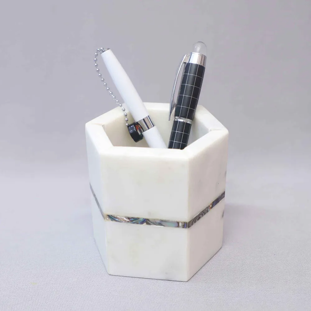 Marble & Semi Precious Stone Hexagonal White Pen Stand