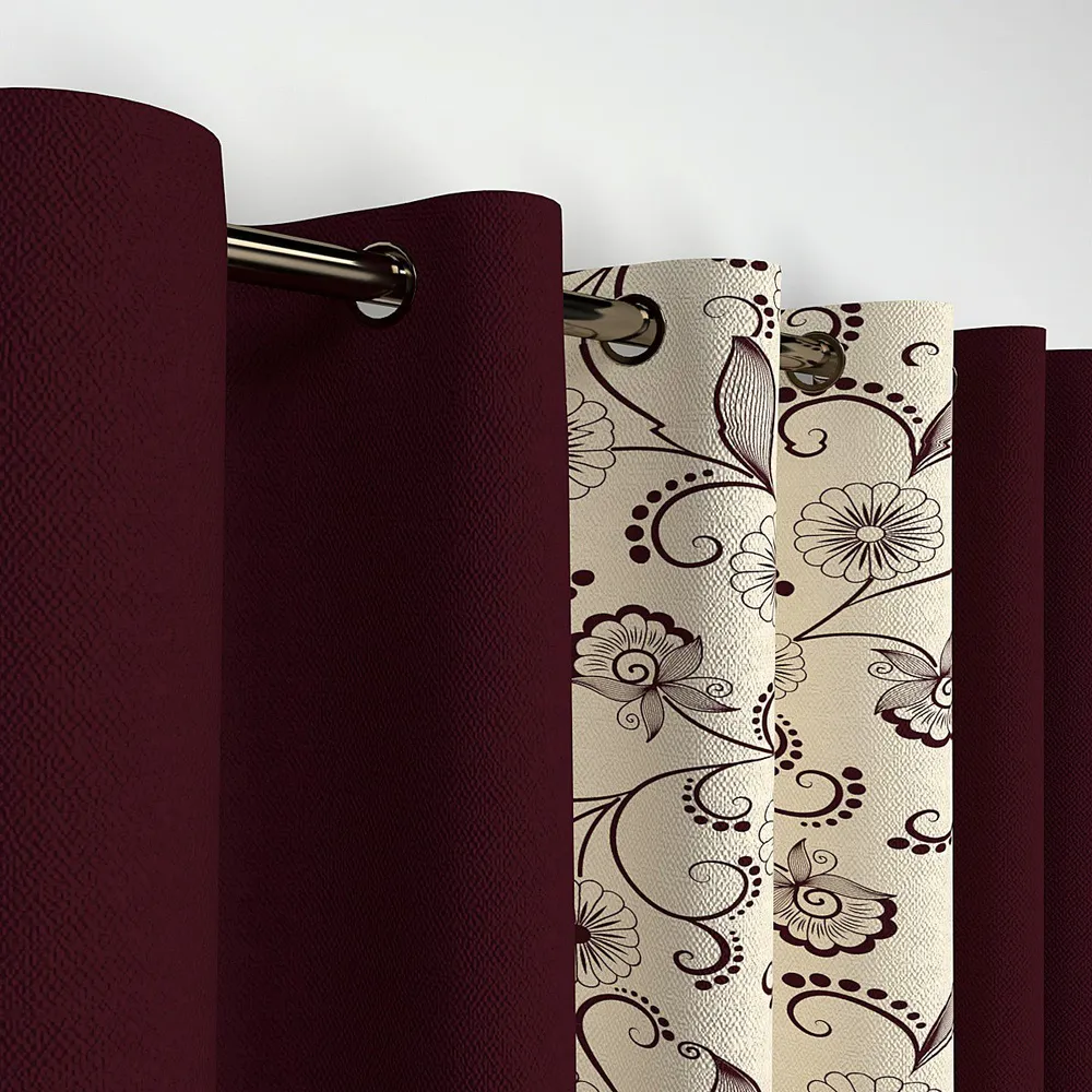 Maroon Floral Layered Designer Window Curtain
