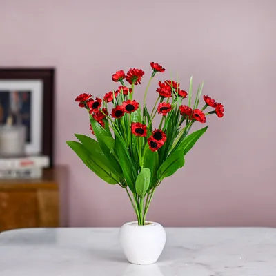 Maroon Goldstrum Artificial Flower Bunch With Pot
