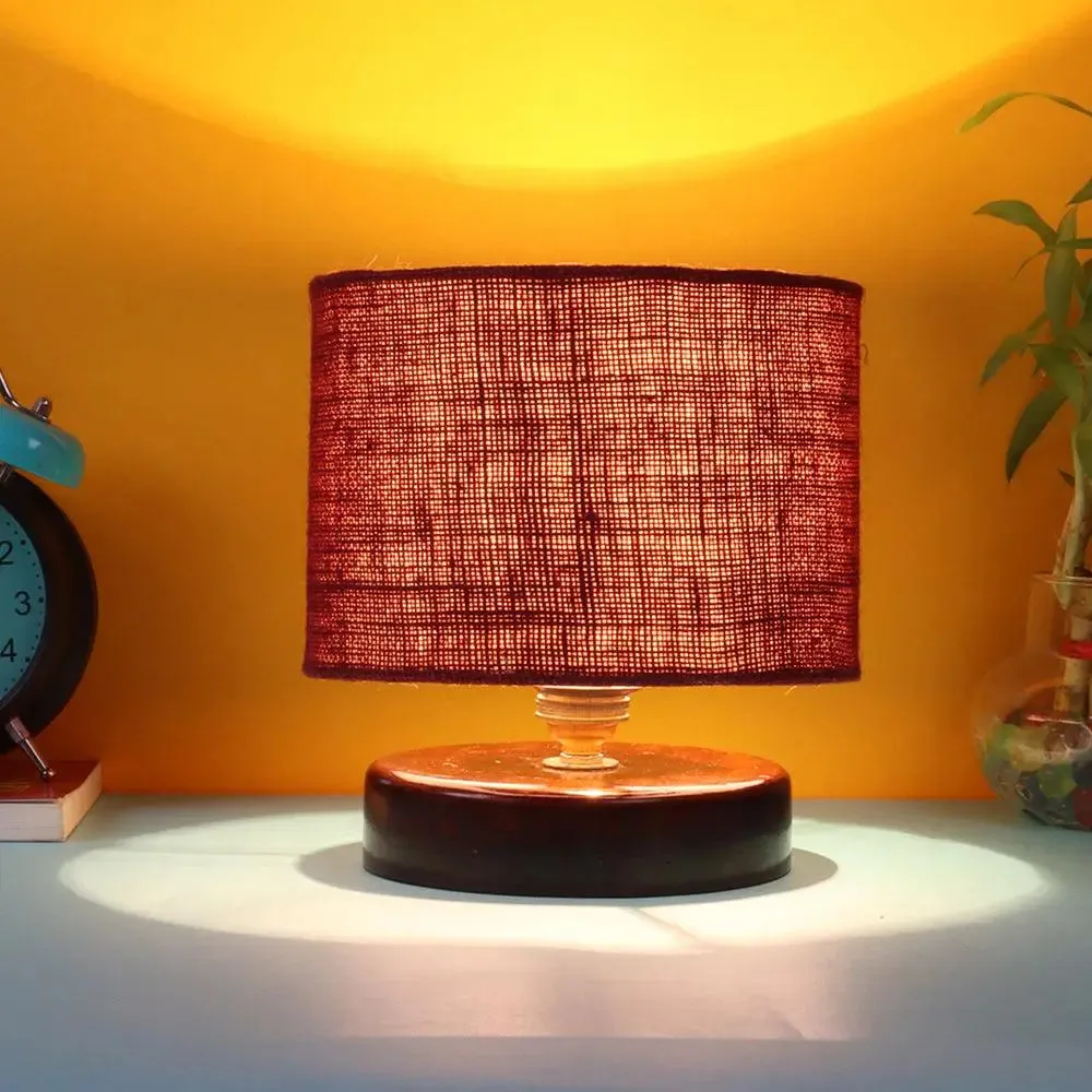 Maroon Jute Table Lamp with Brown Wood Base