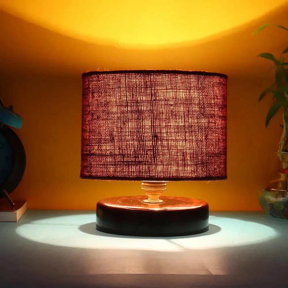 Maroon Jute Table Lamp with Brown Wood Base