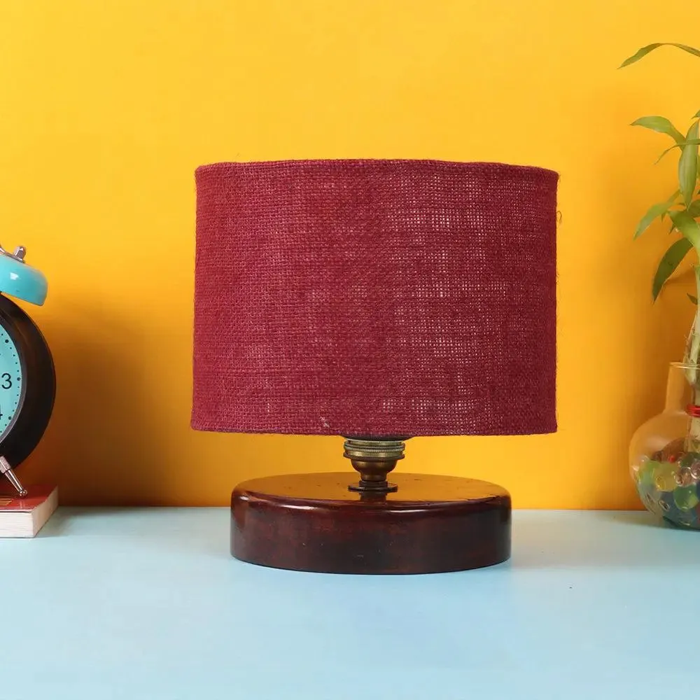 Maroon Jute Table Lamp with Brown Wood Base