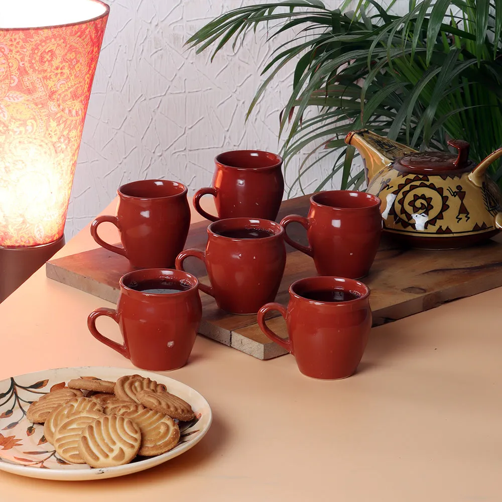 Maroon Kulhad Shaped 6 Pieces Ceramic Cup Set with Handle