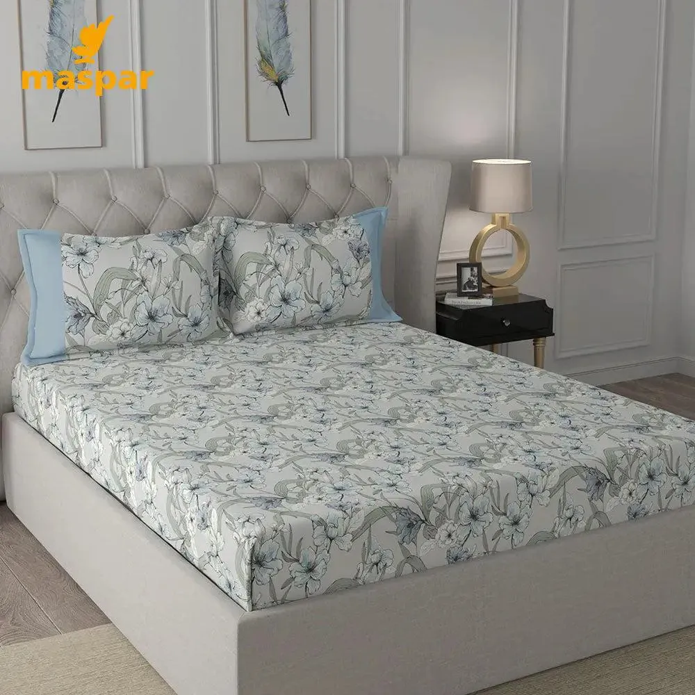 Maspar 100% Cotton Aqua Fitted Bedsheet with 2 Pillow Covers (200 TC)- Backyard Patio Valencia Floral Printed