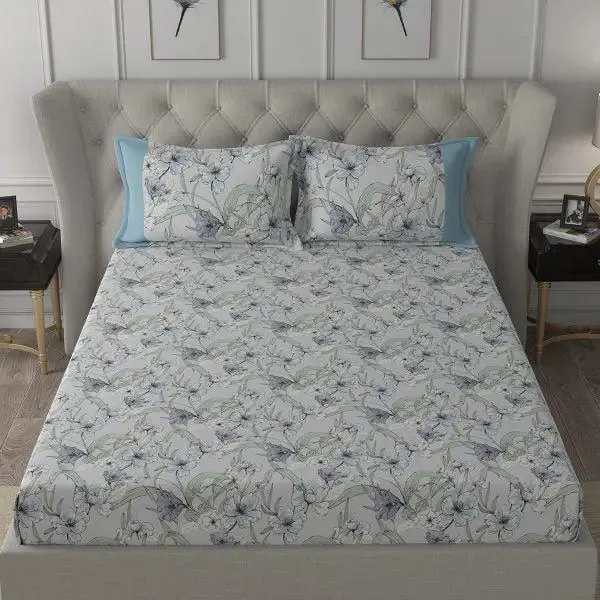 Maspar 100% Cotton Aqua Fitted Bedsheet with 2 Pillow Covers (200 TC)- Backyard Patio Valencia Floral Printed