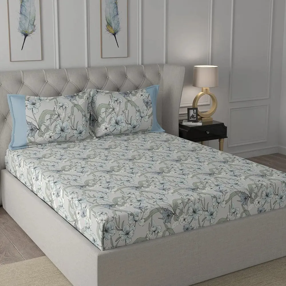 Maspar 100% Cotton Aqua Fitted Bedsheet with 2 Pillow Covers (200 TC)- Backyard Patio Valencia Floral Printed