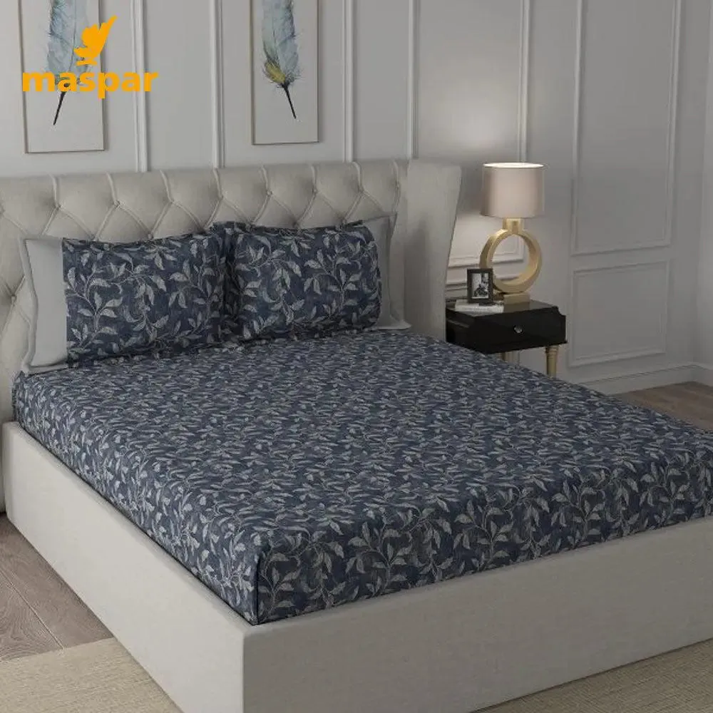 Maspar 100% Cotton Blue Bedsheet with 2 Pillow Covers (200 TC)- Backyard Patio Rustic Leaf Printed
