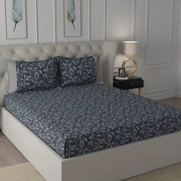 Maspar 100% Cotton Blue Bedsheet with 2 Pillow Covers (200 TC)- Backyard Patio Rustic Leaf Printed