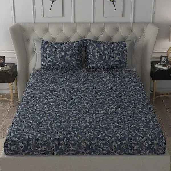 Maspar 100% Cotton Blue Bedsheet with 2 Pillow Covers (200 TC)- Backyard Patio Rustic Leaf Printed