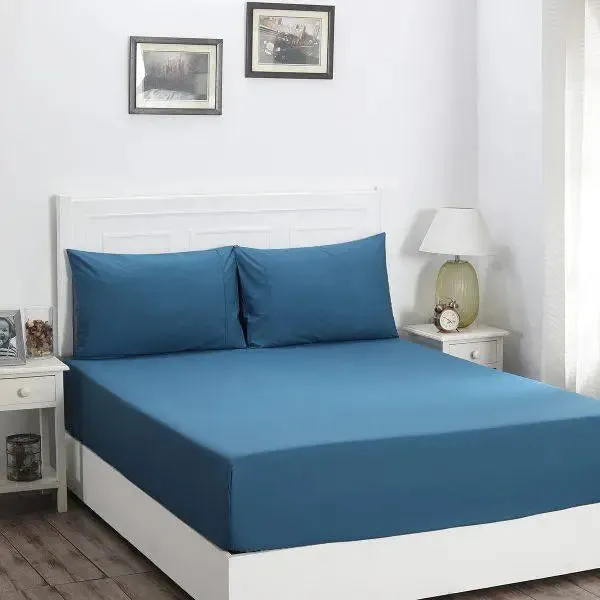 Maspar 100% Cotton Blue Crisp Double Fitted Bedsheet with 2 Pillow Covers (200 TC)- Slumber Plain Easy Care Percale