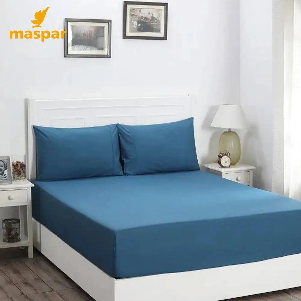 Maspar 100% Cotton Blue Crisp Double Fitted Bedsheet with 2 Pillow Covers (200 TC)- Slumber Plain Easy Care Percale