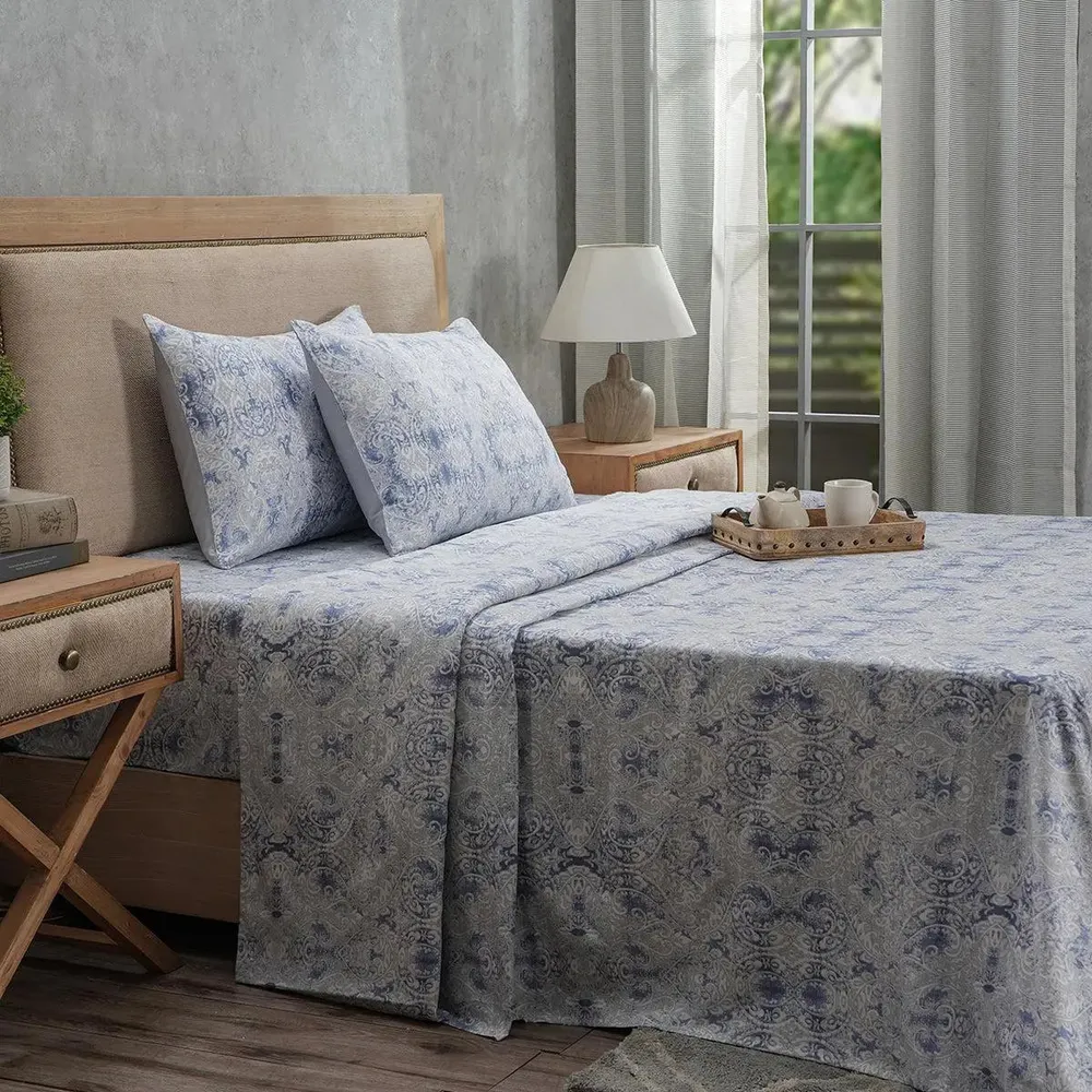 Maspar 100% Cotton Blue King Size Bedsheet with 2 Pillow Covers- PBS Refined Retro Baroque