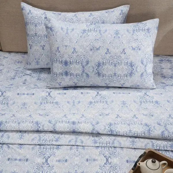 Maspar 100% Cotton Blue King Size Bedsheet with 2 Pillow Covers- PBS Refined Retro Baroque