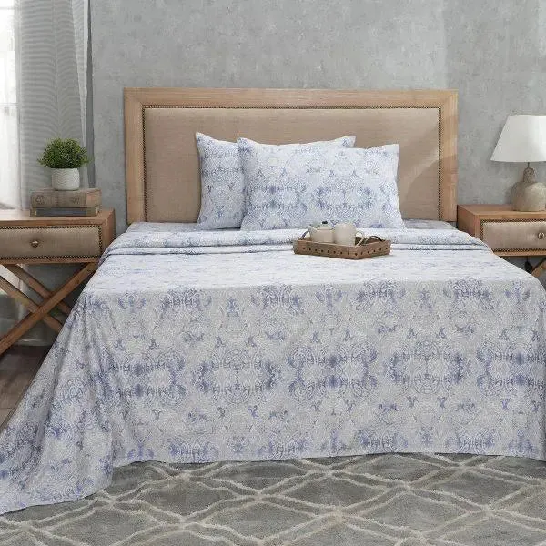 Maspar 100% Cotton Blue King Size Bedsheet with 2 Pillow Covers- PBS Refined Retro Baroque