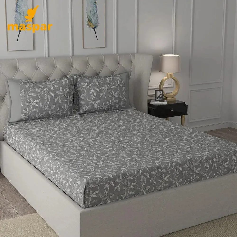 Maspar 100% Cotton Grey Bedsheet with 2 Pillow Covers (200 TC)- Backyard Patio Rustic Leaf Printed