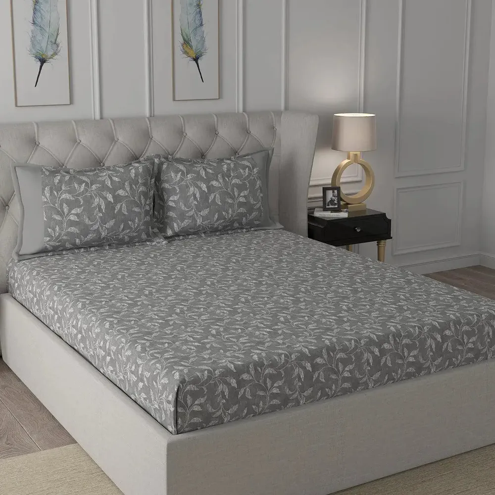 Maspar 100% Cotton Grey Bedsheet with 2 Pillow Covers (200 TC)- Backyard Patio Rustic Leaf Printed