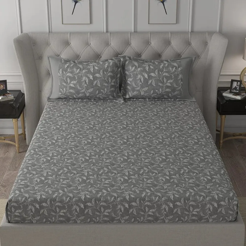 Maspar 100% Cotton Grey Bedsheet with 2 Pillow Covers (200 TC)- Backyard Patio Rustic Leaf Printed