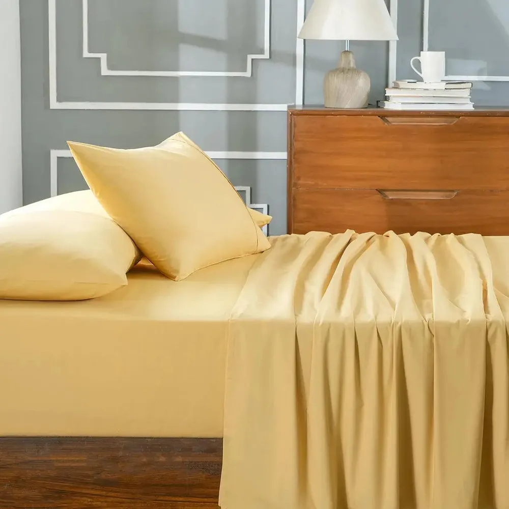 Maspar 100% Cotton Honey Yellow Crisp Bedsheet with 2 Pillow Covers (200 TC) -Slumber Plain Easy Care Percale
