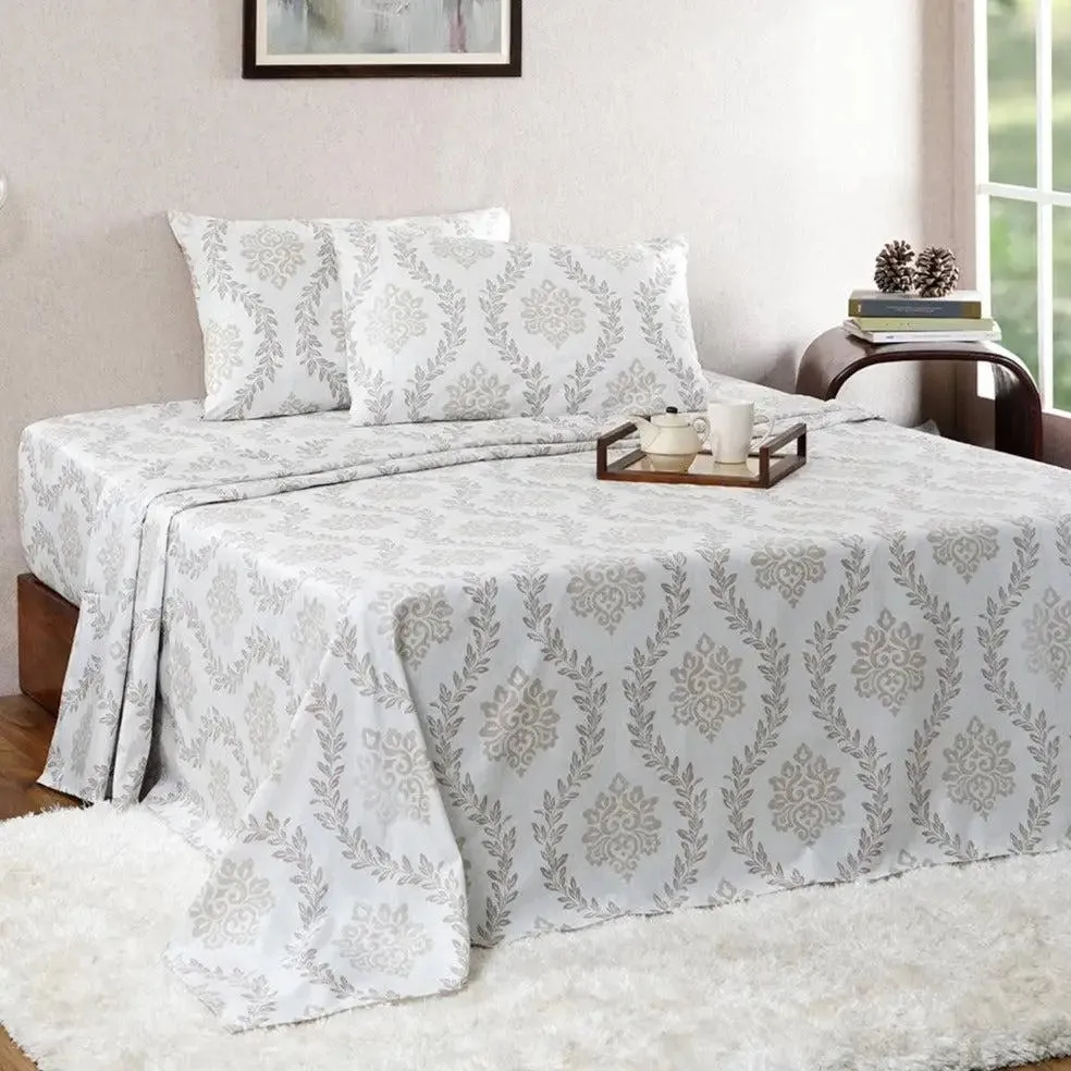 Maspar Beige 100% Cotton Printed King Size Bedsheet with 2 Pillow Covers -Tranquil Essence Lawn Leaflet