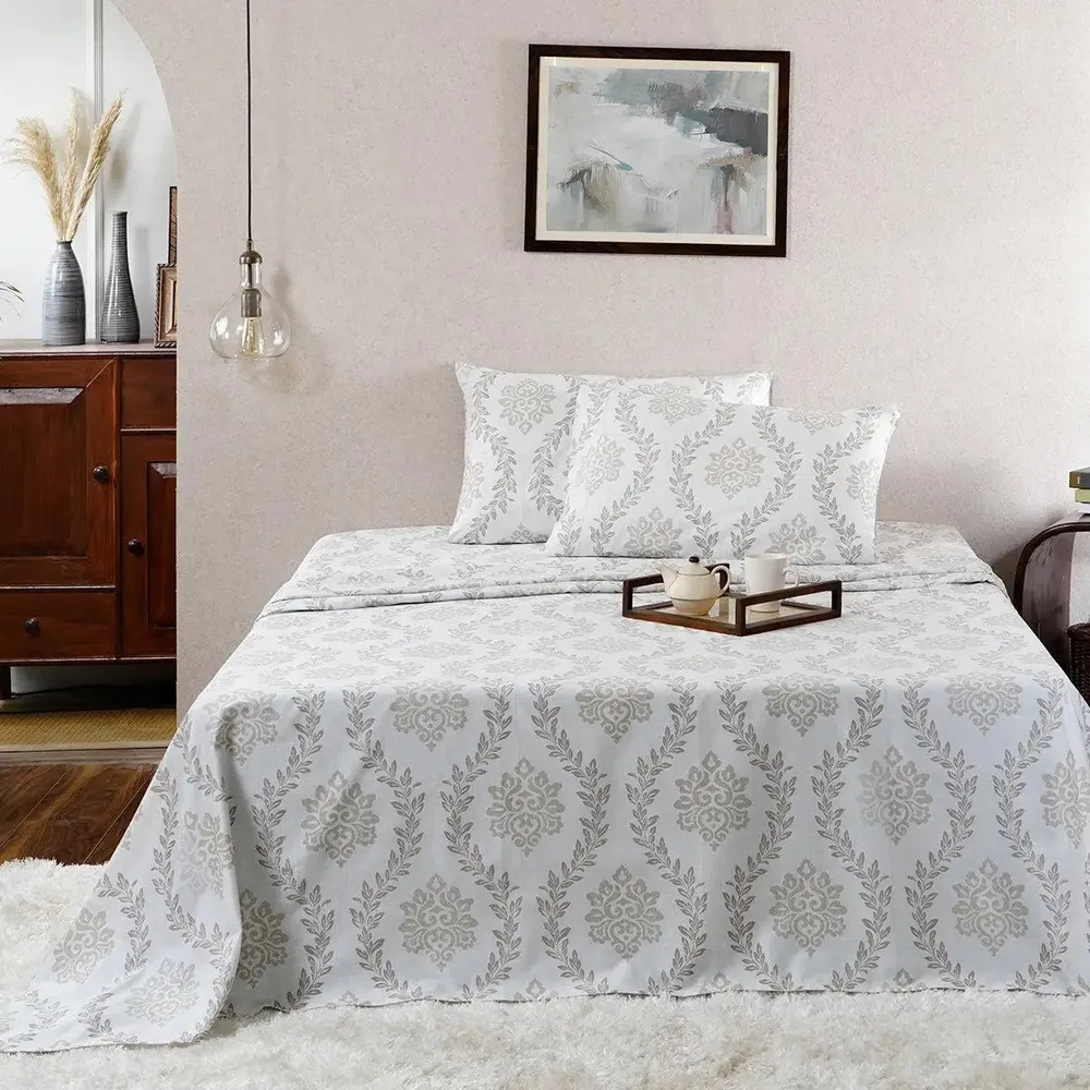 Maspar Beige 100% Cotton Printed King Size Bedsheet with 2 Pillow Covers -Tranquil Essence Lawn Leaflet