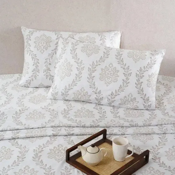 Maspar Beige 100% Cotton Printed King Size Bedsheet with 2 Pillow Covers -Tranquil Essence Lawn Leaflet