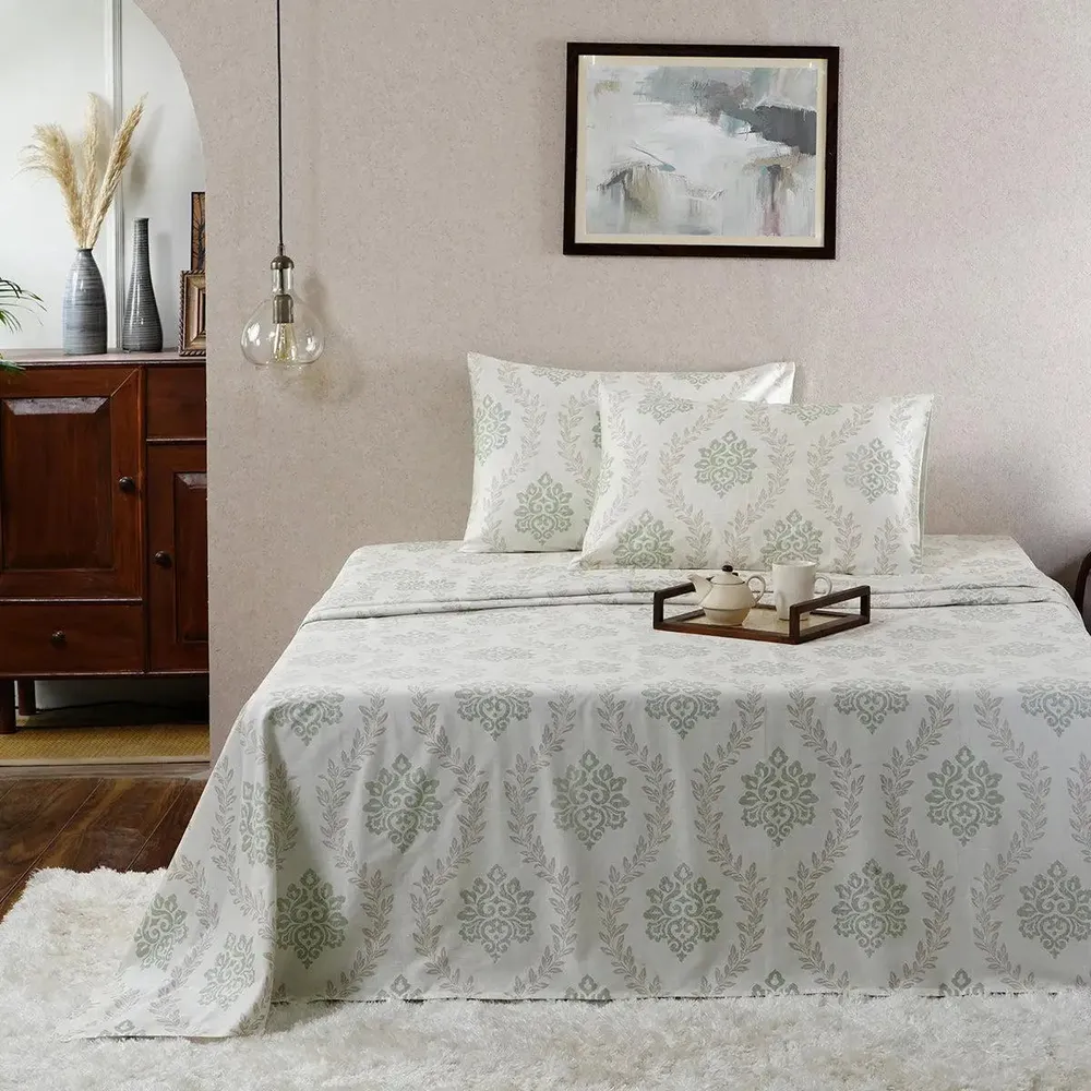 Maspar Green 100% Cotton Printed King Size Bedsheet with 2 Pillow Covers -Tranquil Essence Lawn Leaflet