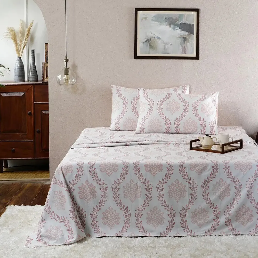 Maspar Peach 100% Cotton Printed King Size Bedsheet with 2 Pillow Covers -Tranquil Essence Lawn Leaflet