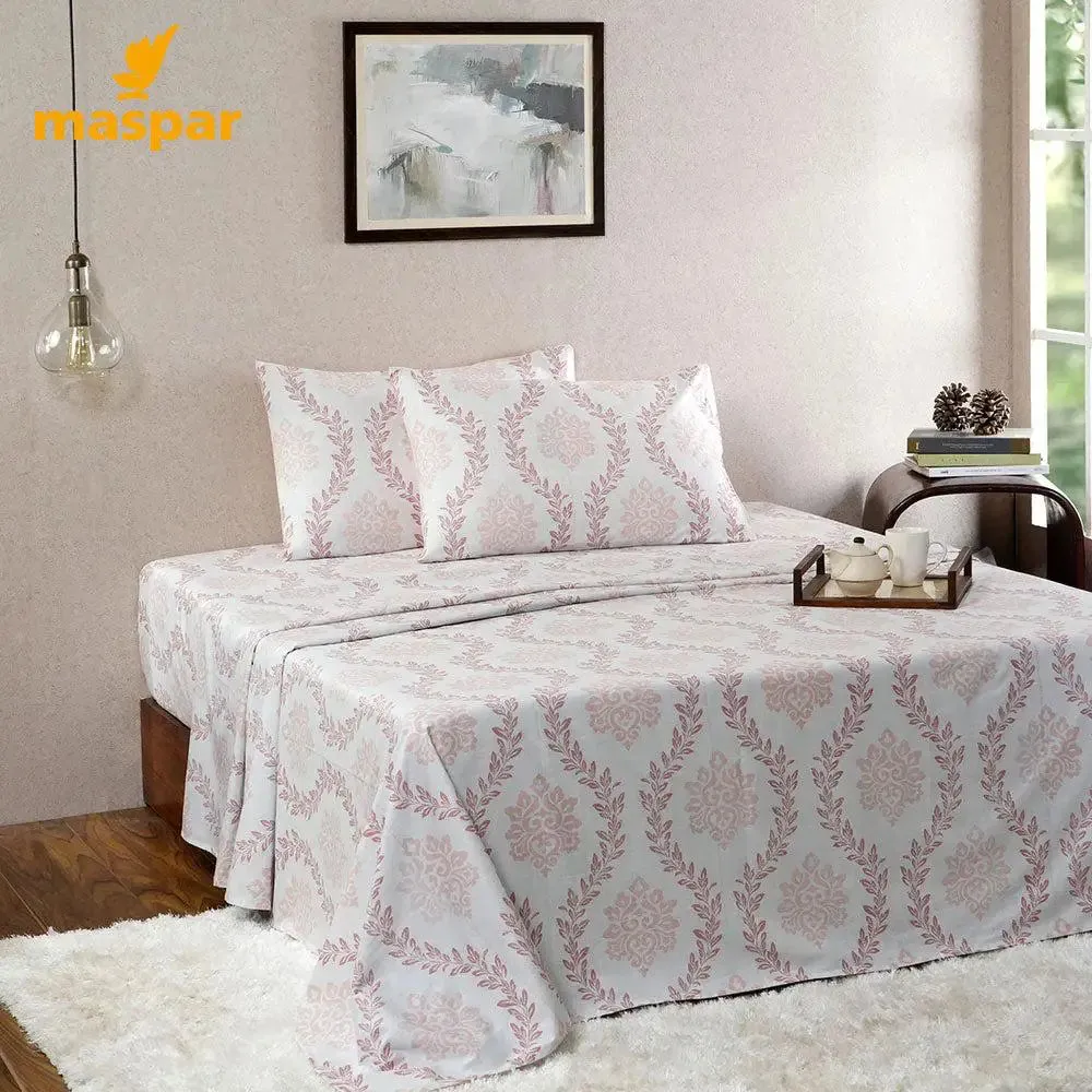 Maspar Peach 100% Cotton Printed King Size Bedsheet with 2 Pillow Covers -Tranquil Essence Lawn Leaflet