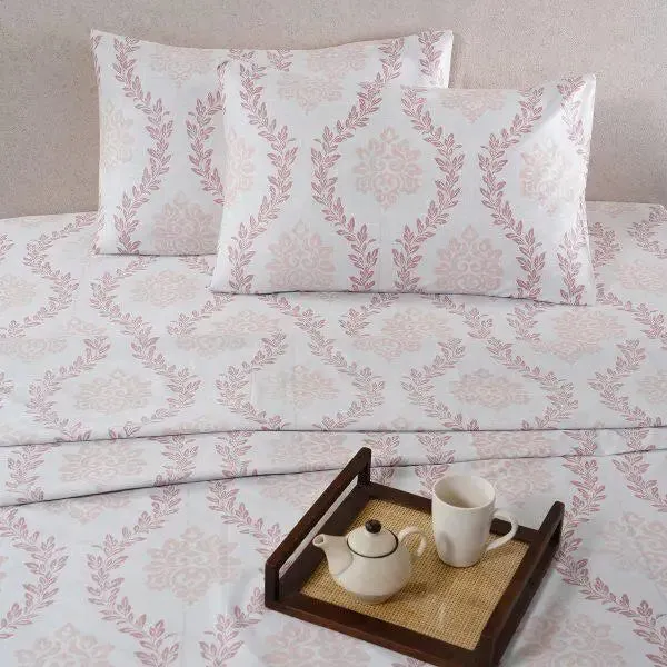 Maspar Peach 100% Cotton Printed King Size Bedsheet with 2 Pillow Covers -Tranquil Essence Lawn Leaflet
