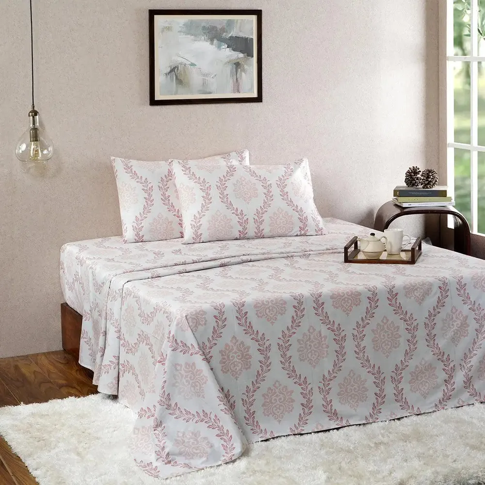 Maspar Peach 100% Cotton Printed King Size Bedsheet with 2 Pillow Covers -Tranquil Essence Lawn Leaflet