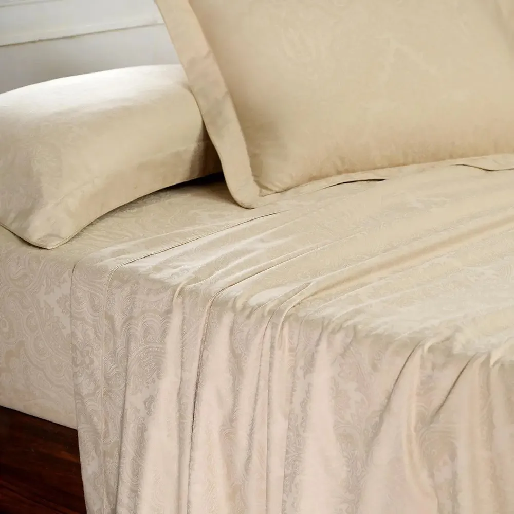Maspar Regina Self Jacquard 100% Cotton Beige King Size Bedsheet with 2 Pillow Covers (300 TC)