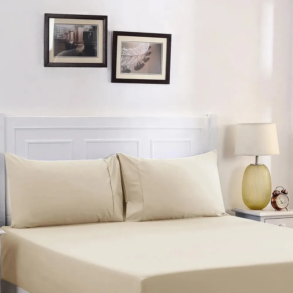 Maspar Slumber Plain Easy Care Percale 100% Cotton Cream Fitted Bedsheet with 2 Pillow Covers (200 TC)
