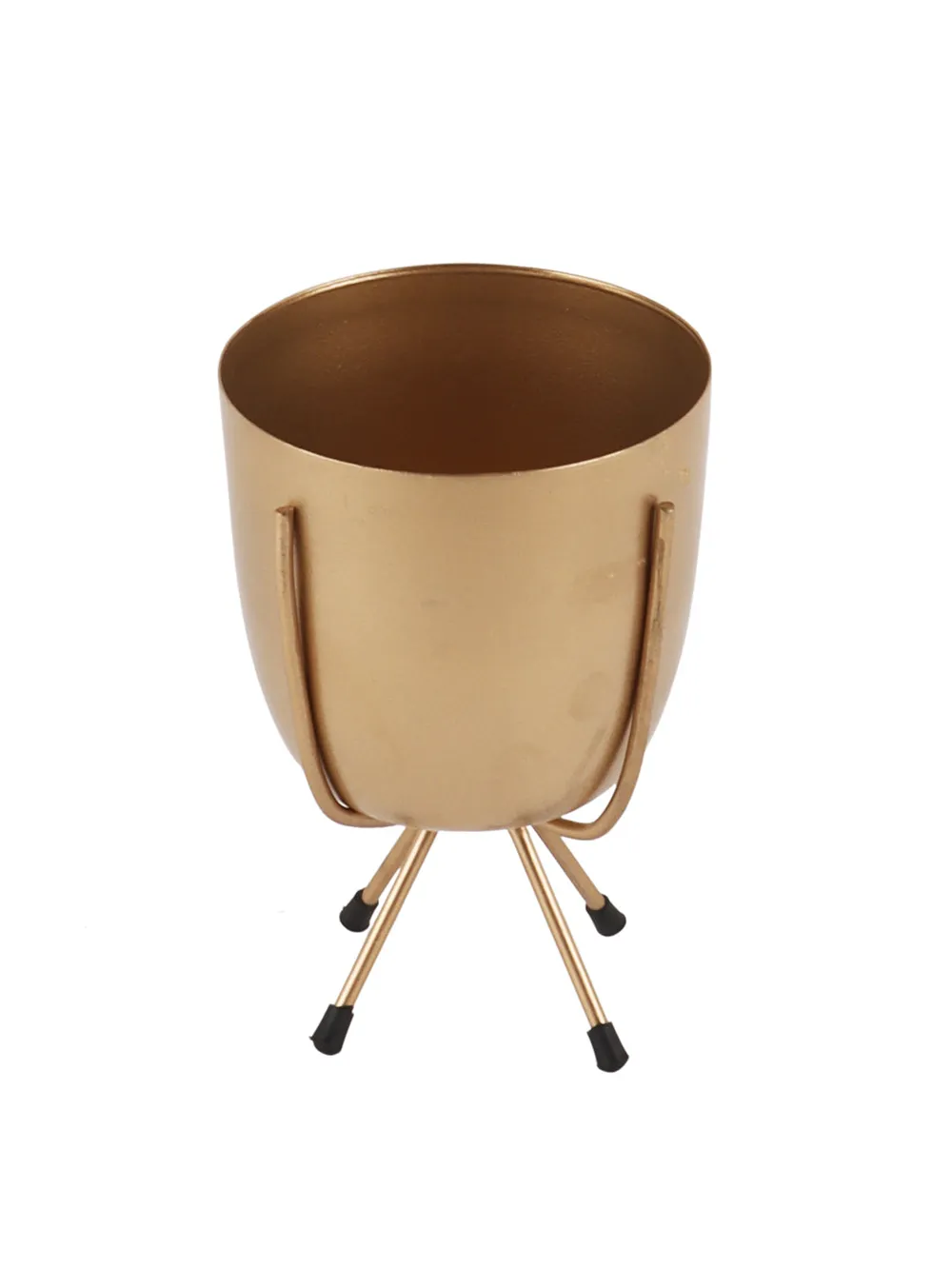 Matte Finish Golden Table Top Metal Planters With Stand Set Of 2