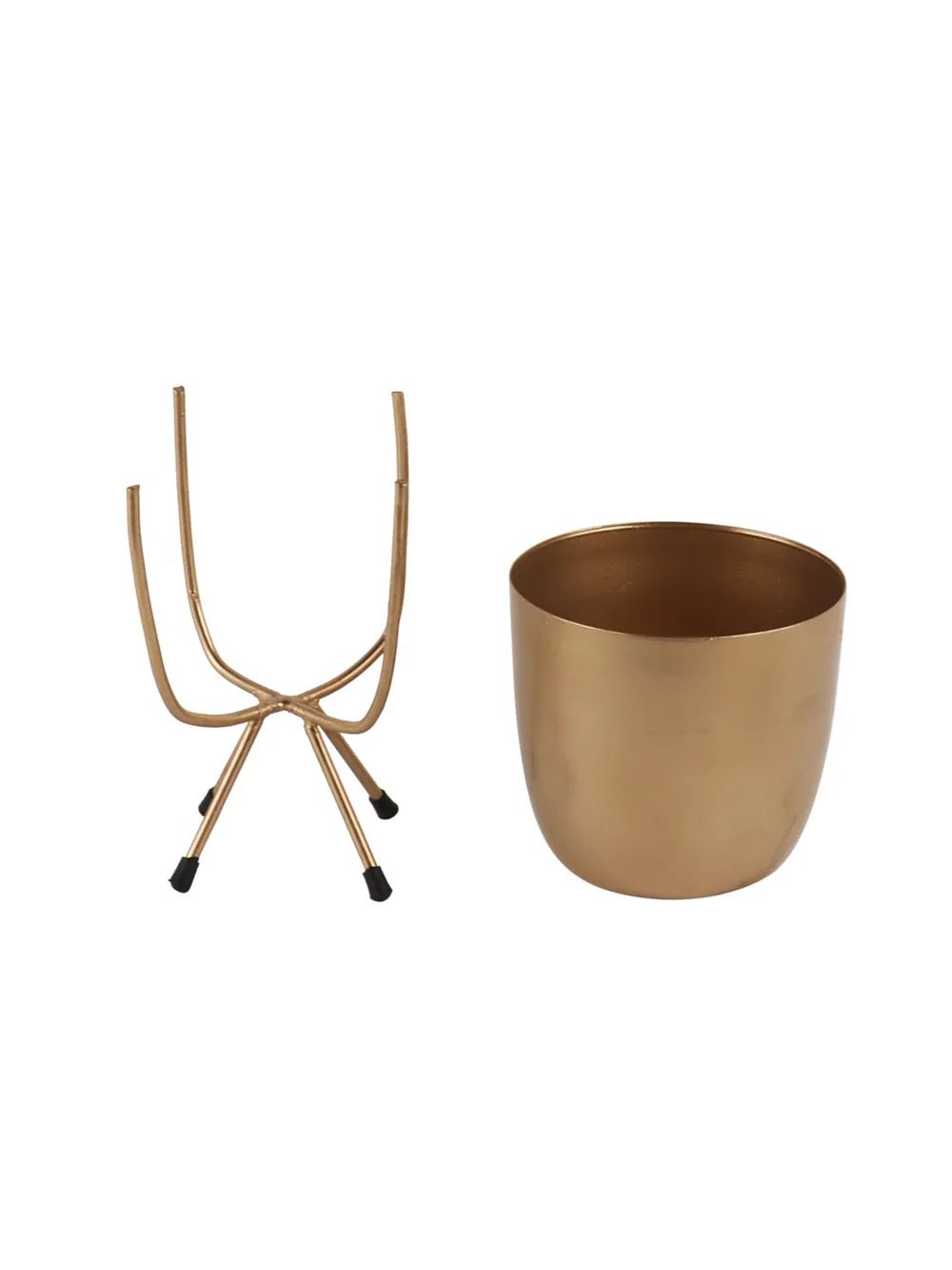 Matte Finish Golden Table Top Metal Planters With Stand Set Of 2