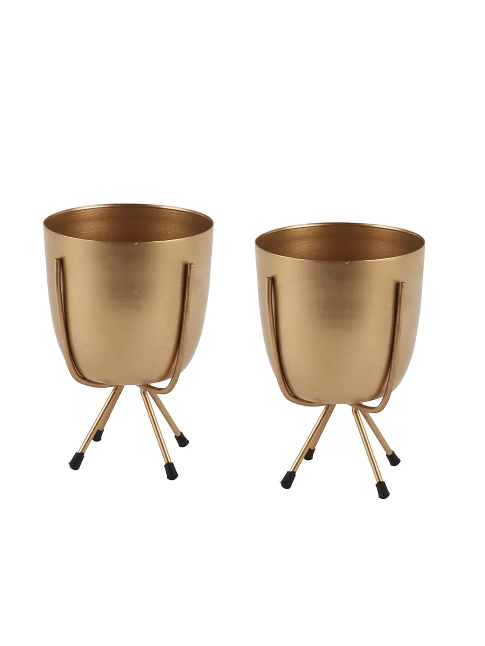 Matte Finish Golden Table Top Metal Planters With Stand Set Of 2