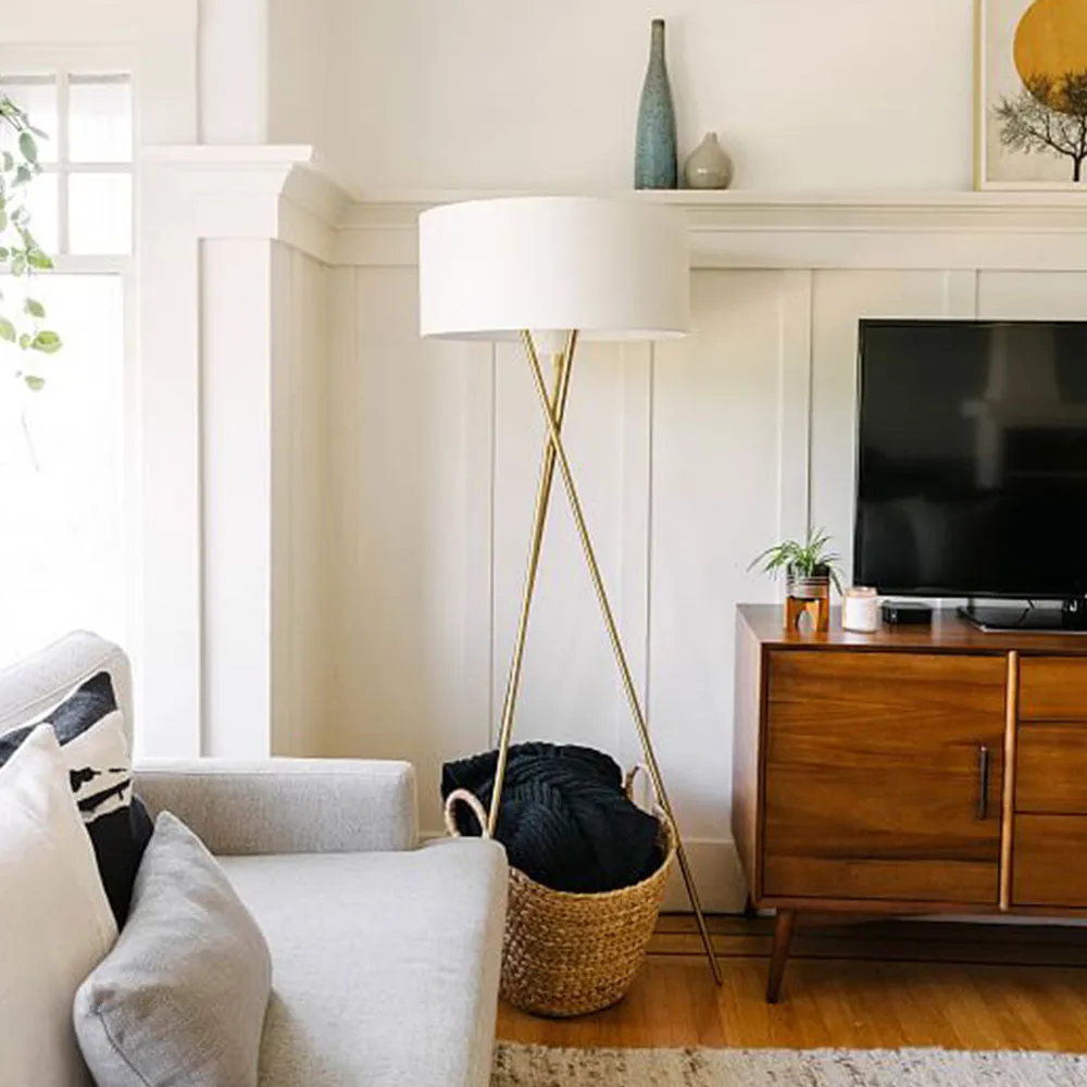 Matte Gold Tripod Stand Off White Shaded Floor Lamp