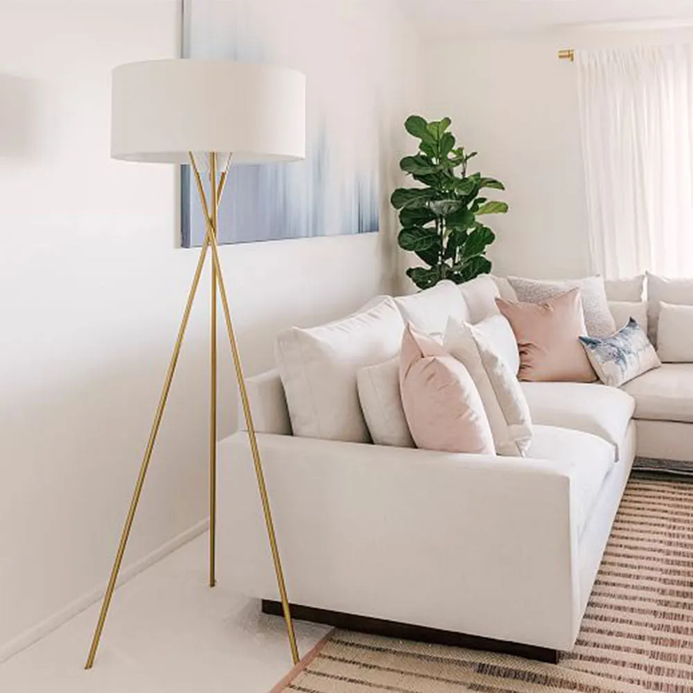 Matte Gold Tripod Stand Off White Shaded Floor Lamp