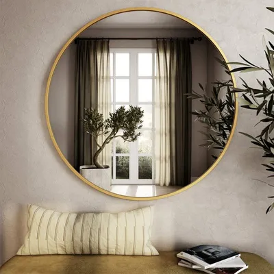 Matte Polish Golden Bordered Minimalist Round Wall Mirror 33 inches